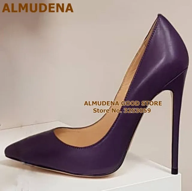 ALMUDENA Top Brand Matte Leather High Heel Shoes Nude Brown Wine Red Shallow Pumps Celebrity Popular 12cm Stiletto Heels Shoes