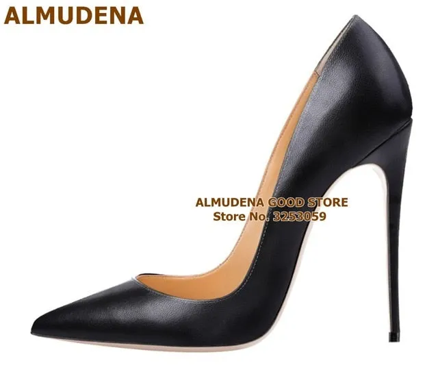 ALMUDENA Top Brand Matte Leather High Heel Shoes Nude Brown Wine Red Shallow Pumps Celebrity Popular 12cm Stiletto Heels Shoes