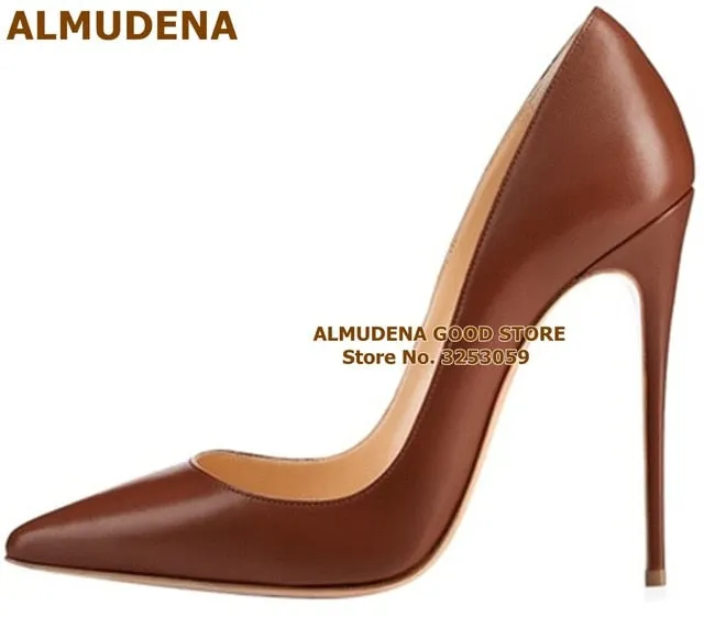 ALMUDENA Top Brand Matte Leather High Heel Shoes Nude Brown Wine Red Shallow Pumps Celebrity Popular 12cm Stiletto Heels Shoes