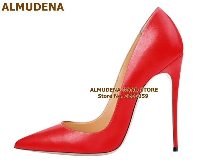 ALMUDENA Top Brand Matte Leather High Heel Shoes Nude Brown Wine Red Shallow Pumps Celebrity Popular 12cm Stiletto Heels Shoes