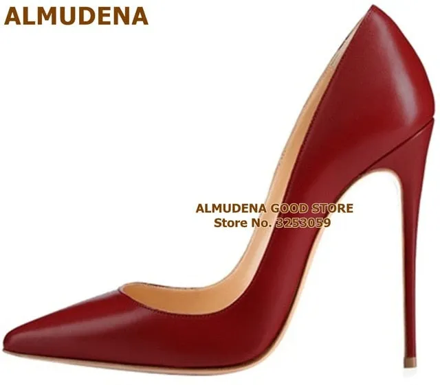 ALMUDENA Top Brand Matte Leather High Heel Shoes Nude Brown Wine Red Shallow Pumps Celebrity Popular 12cm Stiletto Heels Shoes