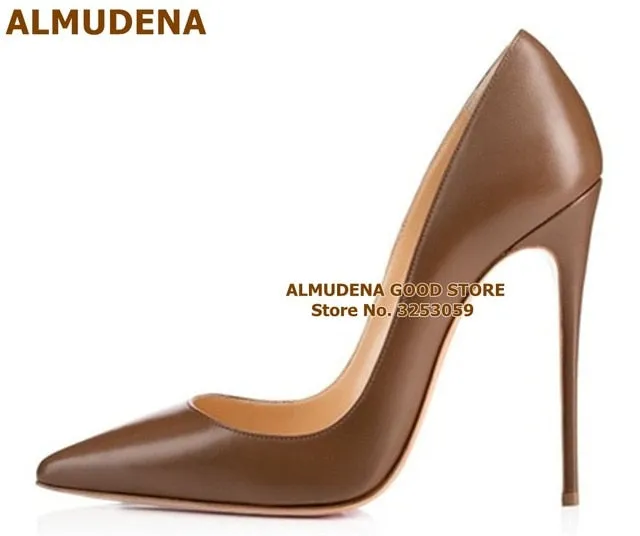 ALMUDENA Top Brand Matte Leather High Heel Shoes Nude Brown Wine Red Shallow Pumps Celebrity Popular 12cm Stiletto Heels Shoes