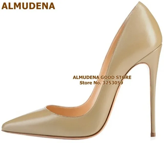 ALMUDENA Top Brand Matte Leather High Heel Shoes Nude Brown Wine Red Shallow Pumps Celebrity Popular 12cm Stiletto Heels Shoes