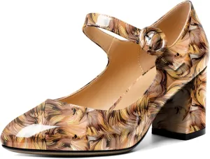AUMOTED Women's Mary Jane Block Chunky Heels Pumps Close Round Toe Patent Heels Pumps 2.5 Inch Ladies Work Office Dress Shoes