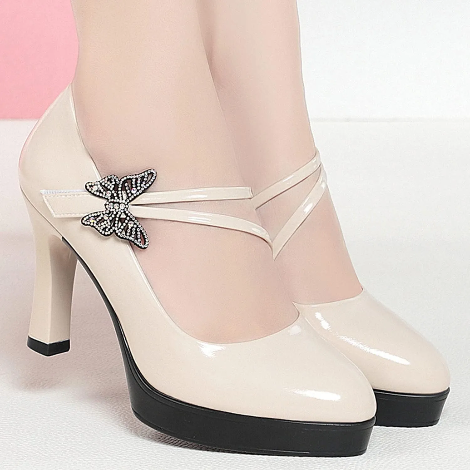bbruriy Womens Platform Chunky High Heels Double Ankle Strap Buckles Sexy Pointed Toe Leather Heels Pumps Fashion Dress Party Mary Jane Shoes,Beige,40