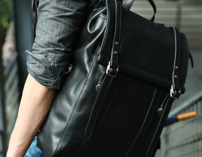 Black Leather Mens Backpack Travel Backpacks Laptop Backpack for men