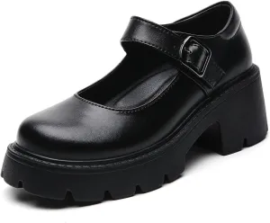 Black Mary Jane Shoes Women Platform Mary Janes for Womens Round Toe Chunky Heels Women's Pumps Leather Non-Slip Comfortable Dressy Business Casual Dress Office Shoes US 9.5