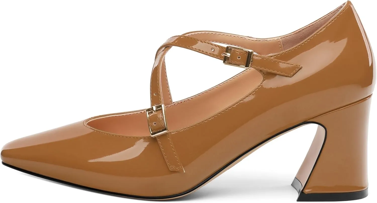 Chunky Block Heels for Women Closed Square Toe Patent Pumps Cross Strap High Heels Evening Party Dress Shoes 2.5IN