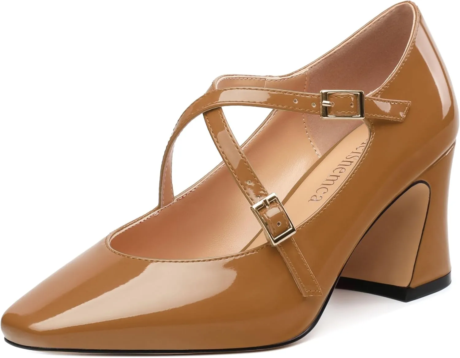 Chunky Block Heels for Women Closed Square Toe Patent Pumps Cross Strap High Heels Evening Party Dress Shoes 2.5IN