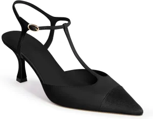 Coutgo Womens Kitten Heels Slingback Pumps Closed Pointed Toe Two Tone Ankle T Strap Office Dress Shoes