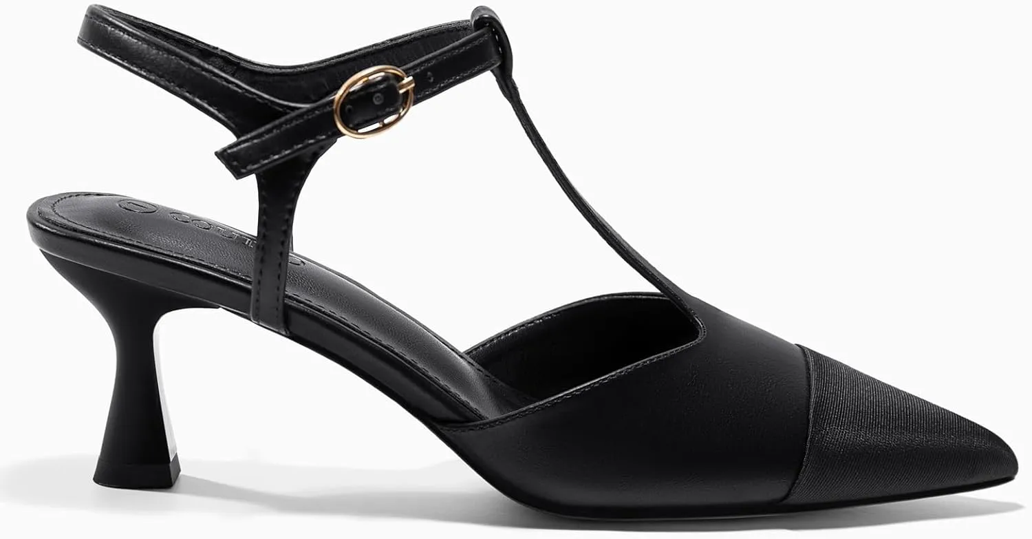 Coutgo Womens Kitten Heels Slingback Pumps Closed Pointed Toe Two Tone Ankle T Strap Office Dress Shoes