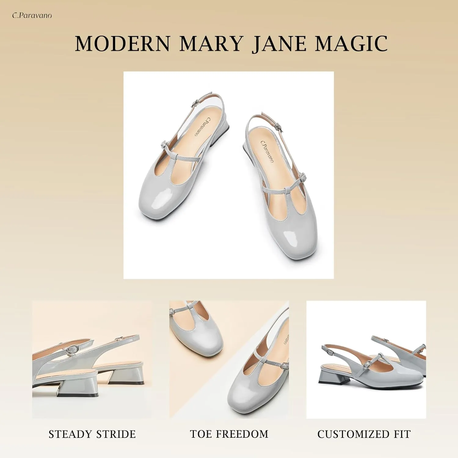 C.Paravano Mary Jane Slingback Pumps Round Toe Low Heels T Strap Slingback Heels Women Sling Back Slip On Party Dress Work Shoes