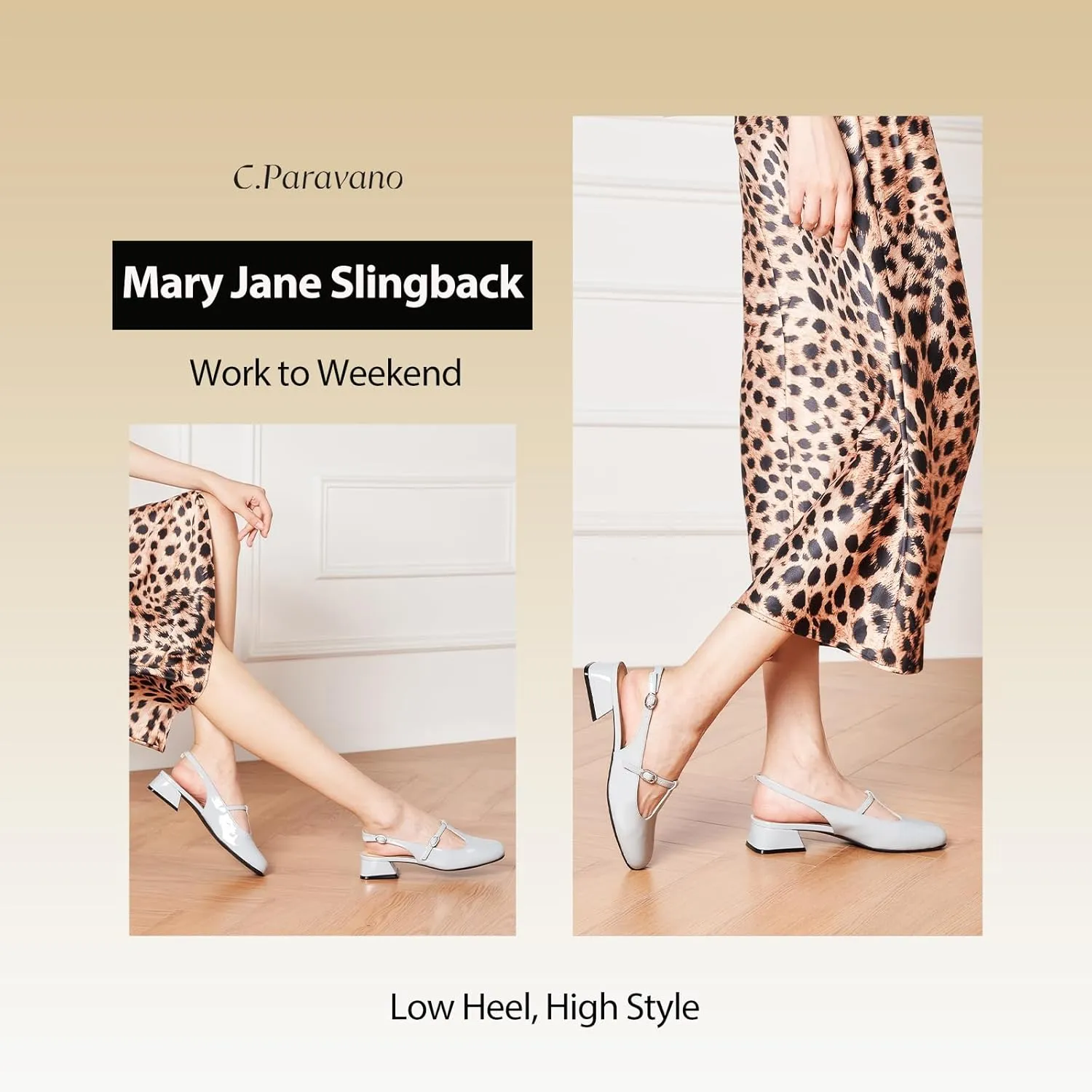 C.Paravano Mary Jane Slingback Pumps Round Toe Low Heels T Strap Slingback Heels Women Sling Back Slip On Party Dress Work Shoes
