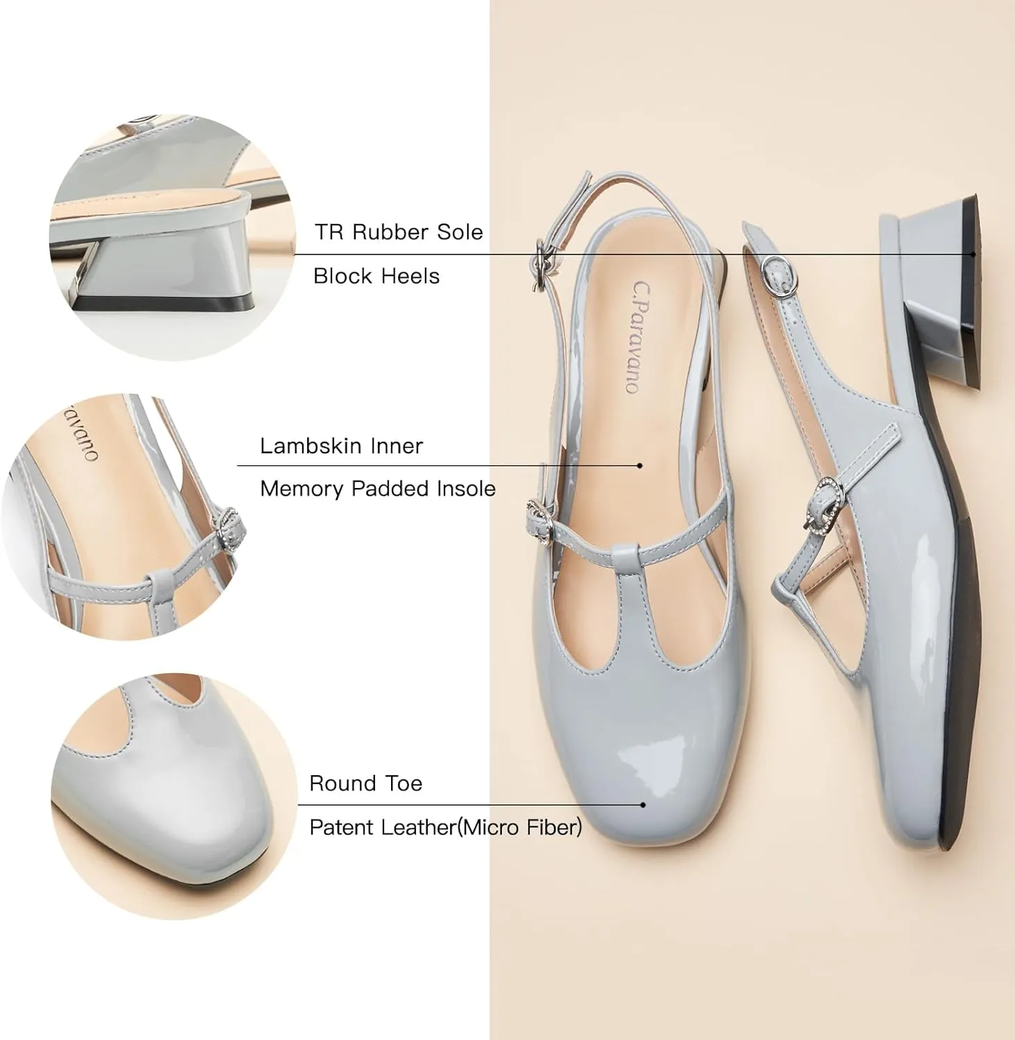 C.Paravano Mary Jane Slingback Pumps Round Toe Low Heels T Strap Slingback Heels Women Sling Back Slip On Party Dress Work Shoes