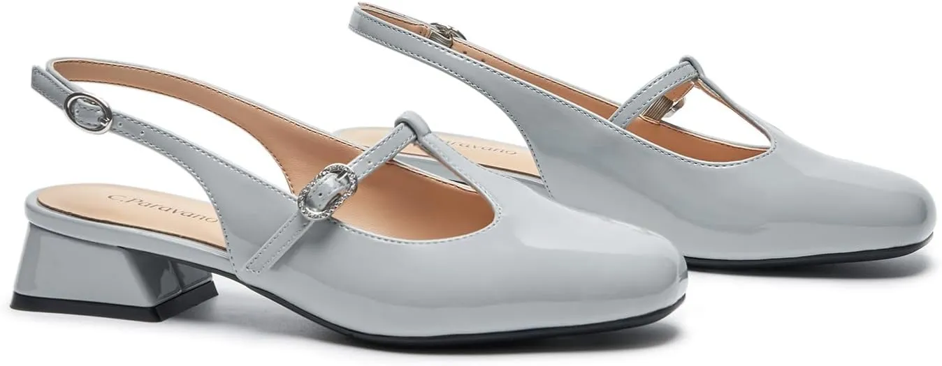 C.Paravano Mary Jane Slingback Pumps Round Toe Low Heels T Strap Slingback Heels Women Sling Back Slip On Party Dress Work Shoes