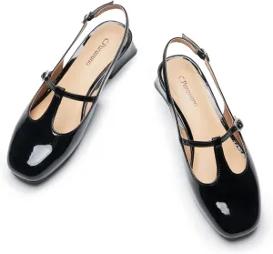 C.Paravano Mary Jane Slingback Pumps Round Toe Low Heels T Strap Slingback Heels Women Sling Back Slip On Party Dress Work Shoes