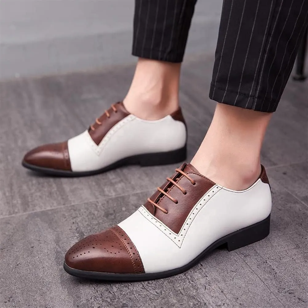 Dress Oxford Shoes for Men Lace Up Two Tone White and Brown Brogue Cap Toe Vegan Leather Rubber Sole Block Heel Slip Resistant Business