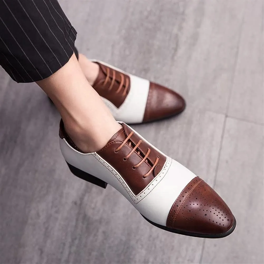 Dress Oxford Shoes for Men Lace Up Two Tone White and Brown Brogue Cap Toe Vegan Leather Rubber Sole Block Heel Slip Resistant Business