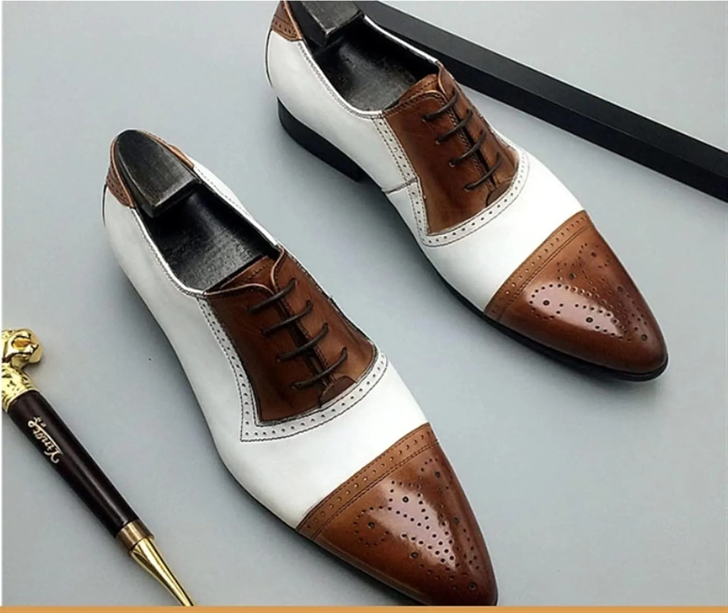 Dress Oxford Shoes for Men Lace Up Two Tone White and Brown Brogue Cap Toe Vegan Leather Rubber Sole Block Heel Slip Resistant Business