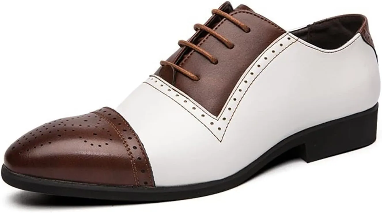 Dress Oxford Shoes for Men Lace Up Two Tone White and Brown Brogue Cap Toe Vegan Leather Rubber Sole Block Heel Slip Resistant Business