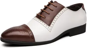 Dress Oxford Shoes for Men Lace Up Two Tone White and Brown Brogue Cap Toe Vegan Leather Rubber Sole Block Heel Slip Resistant Business