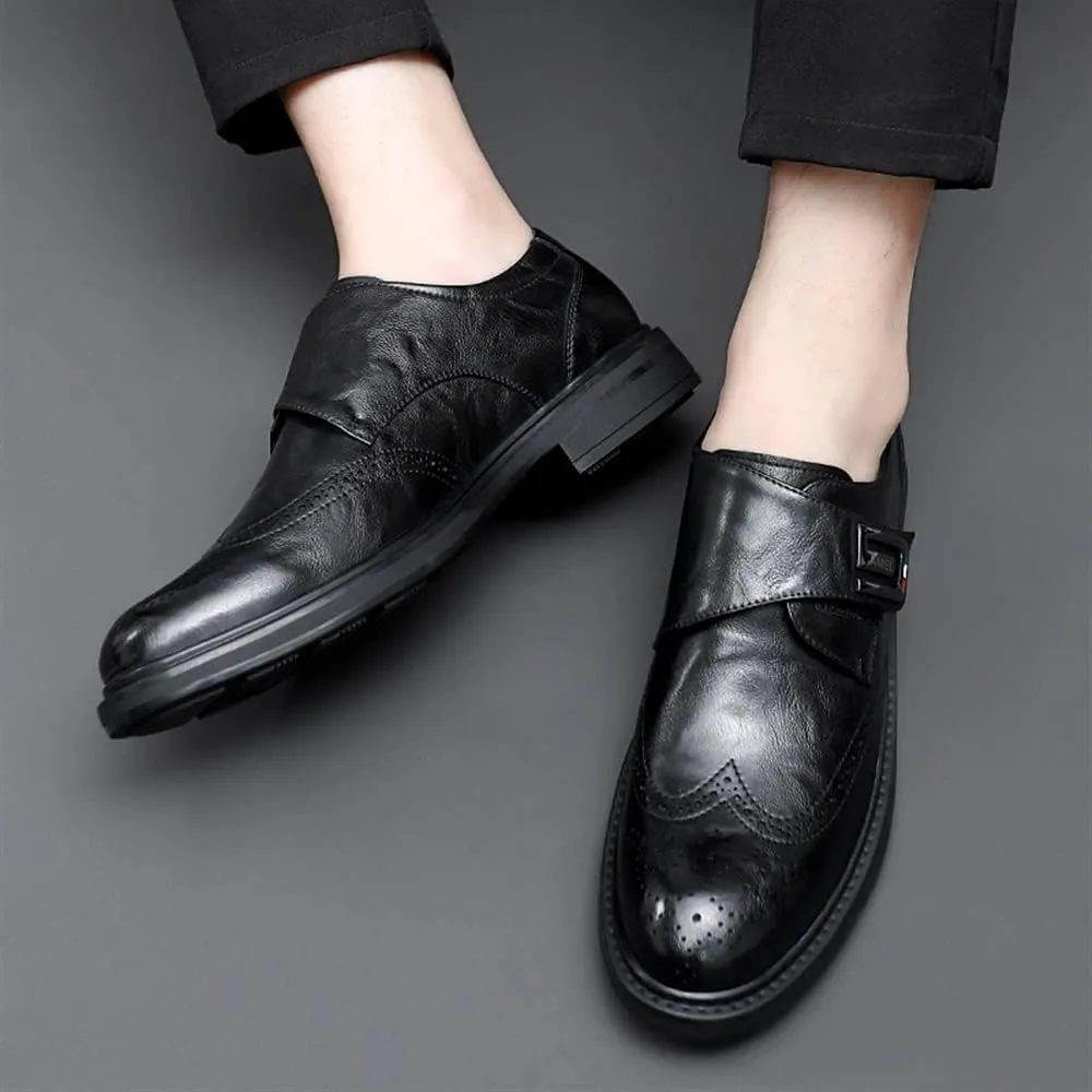 Dress Oxford Shoes for Men Slip On Monk Strap Burnished Toe Brogue Embossed Vegan Leather Rubber Sole Non Slip Resistant Block Heel Working