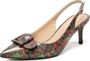 Eldof Women's Kitten Heel Pumps, Pointed Toe Slingback Heels with Adjustable Strap, Mid Heels with Bowtie, Dress Shoes for Ladies Wedding Party Office Evening