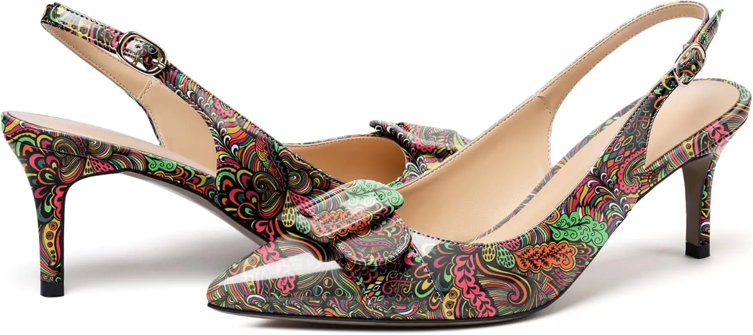 Eldof Women's Kitten Heel Pumps, Pointed Toe Slingback Heels with Adjustable Strap, Mid Heels with Bowtie, Dress Shoes for Ladies Wedding Party Office Evening