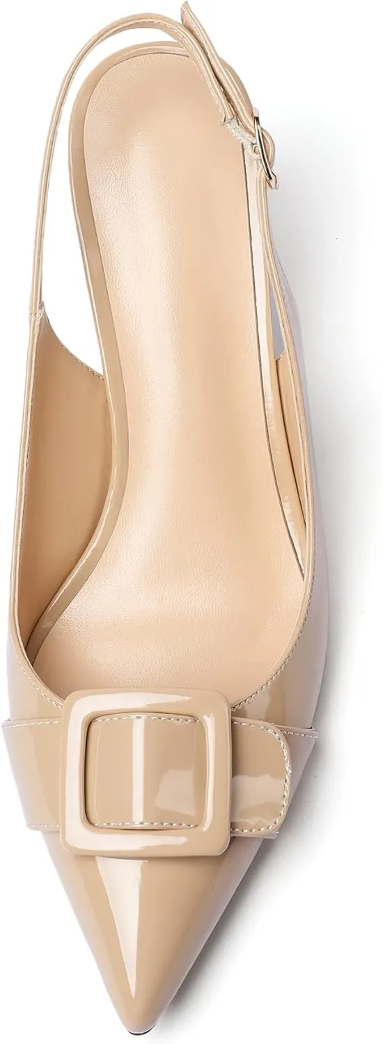 Eldof Women's Kitten Heel Pumps, Pointed Toe Slingback Heels with Adjustable Strap, Mid Heels with Bowtie, Dress Shoes for Ladies Wedding Party Office Evening