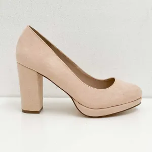 Evans Neutral Beige Slip On Faux Suede Block Heel Court Shoes UK 4EEE