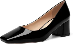 FOGEENA Womens Fashion Comfortable Square Toe Slip On Patent Leather Evening Chunky Low Heel Pumps Dress Shoes 2.2 Inch
