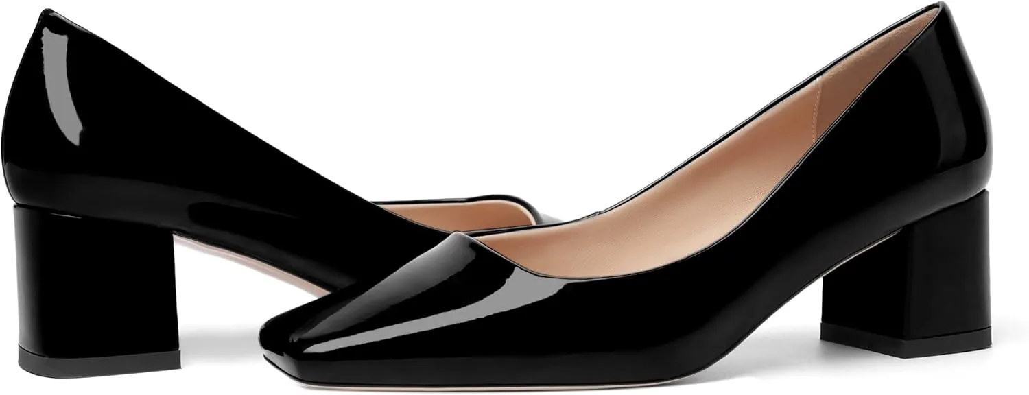 FOGEENA Womens Fashion Comfortable Square Toe Slip On Patent Leather Evening Chunky Low Heel Pumps Dress Shoes 2.2 Inch
