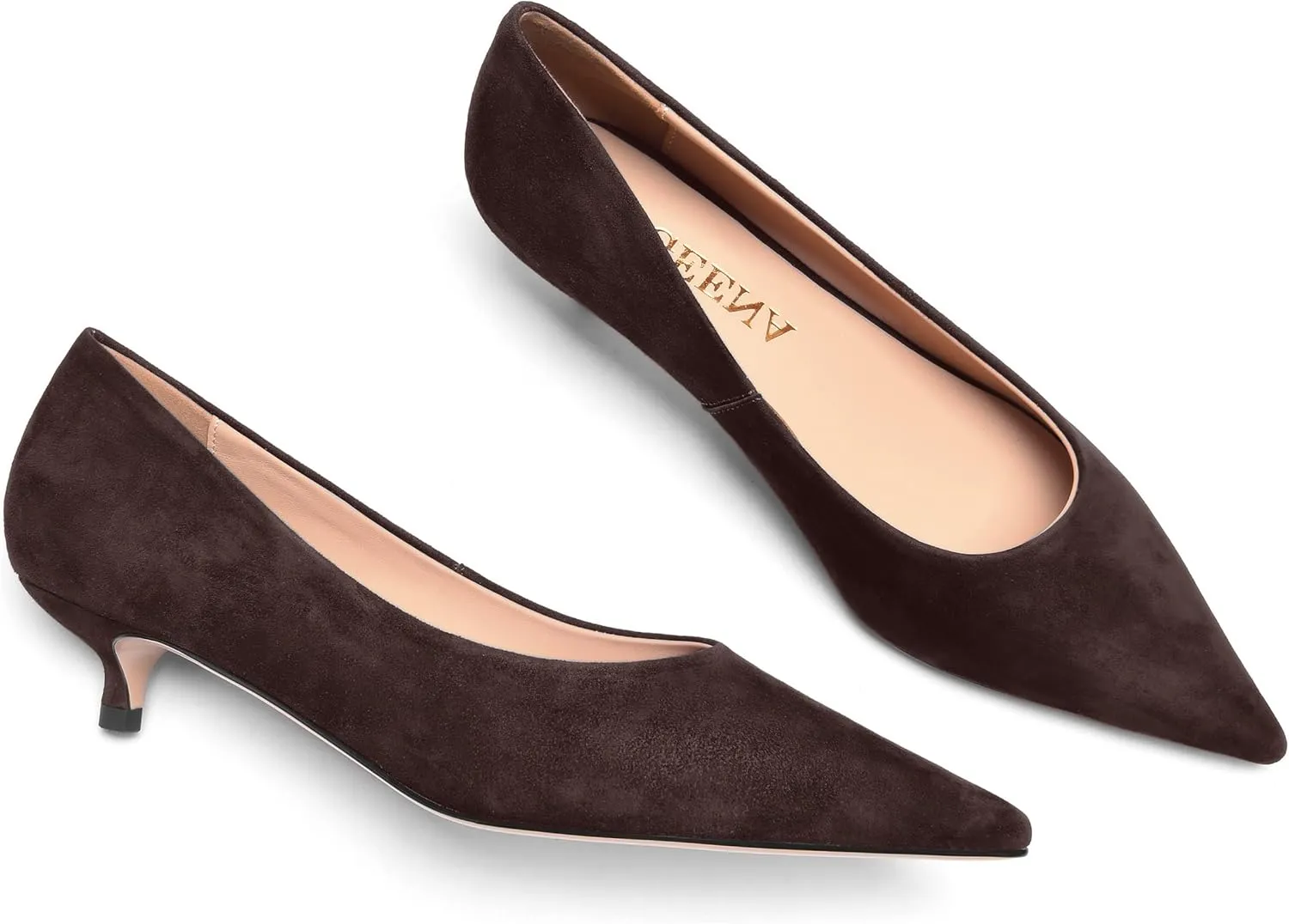 FOGEENA Womens Wedding Pointed Toe Slip On Dress Suede Leather Kitten Low Heel Pumps Shoes 1.5 Inch