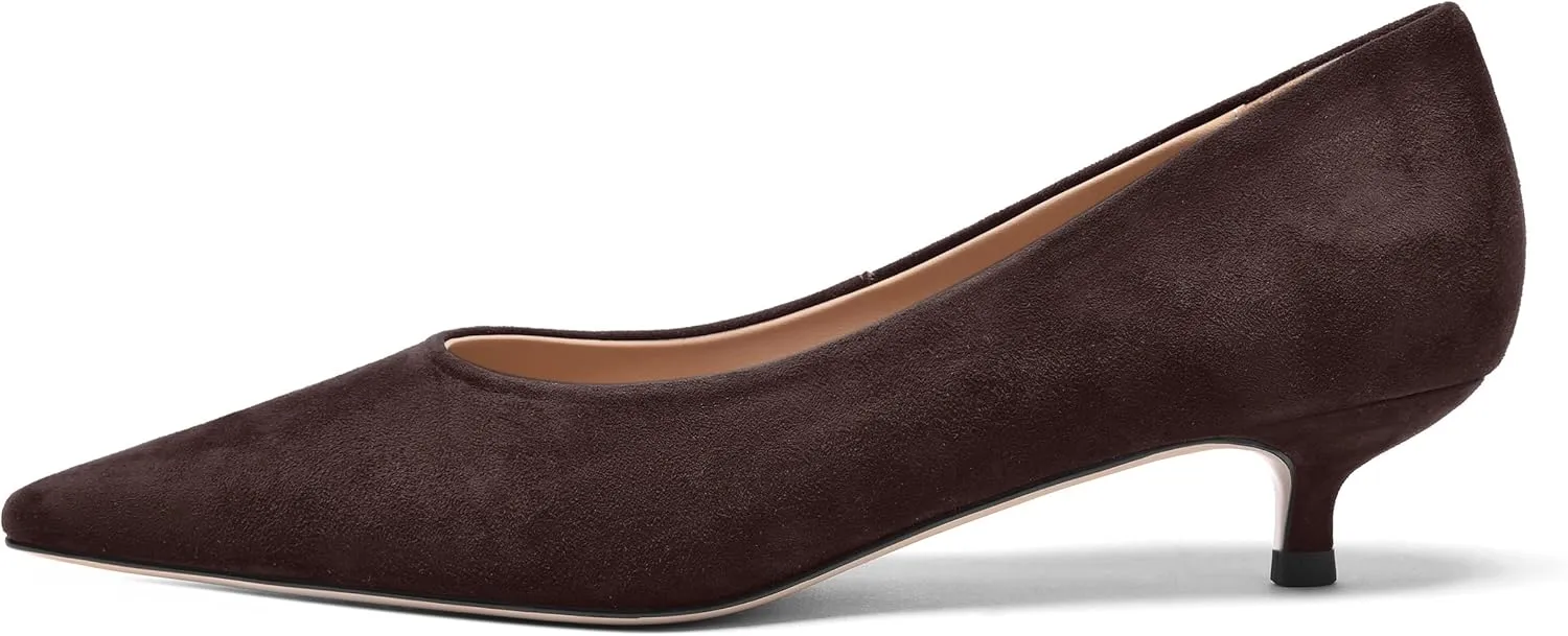 FOGEENA Womens Wedding Pointed Toe Slip On Dress Suede Leather Kitten Low Heel Pumps Shoes 1.5 Inch