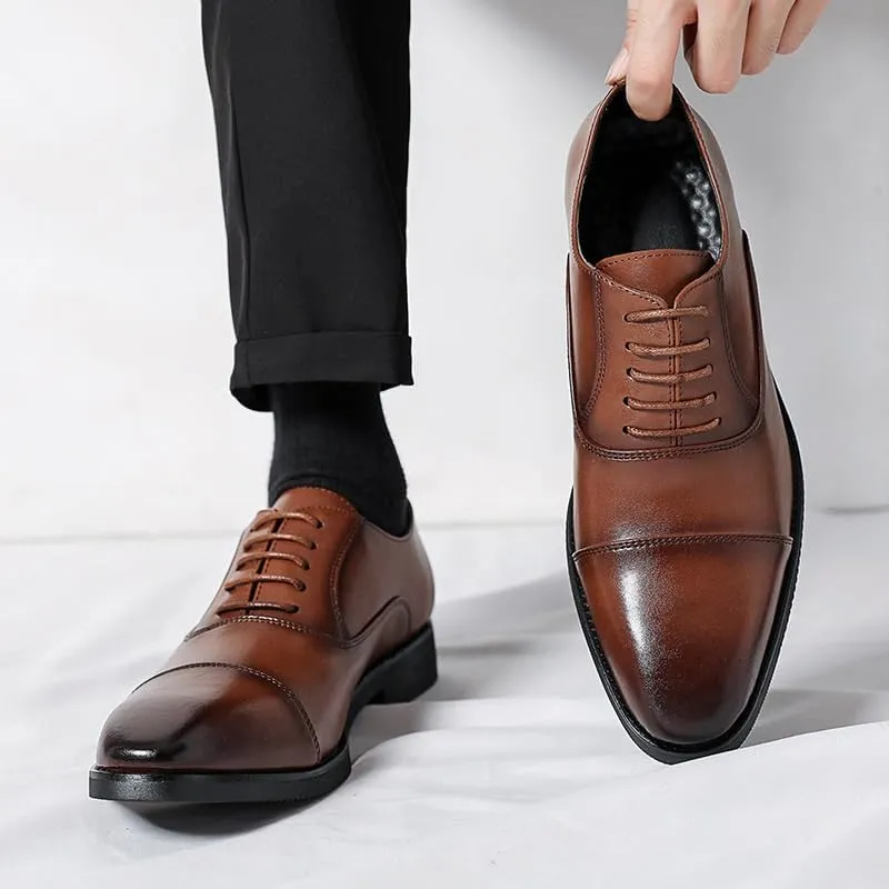 Formal Shoes for Men Lace Up Pointed Burnished Toe Vegan Leather Cap Toe Oxford Shoes Rubber Sole Non Slip Anti-Slip Slip Resistant Business