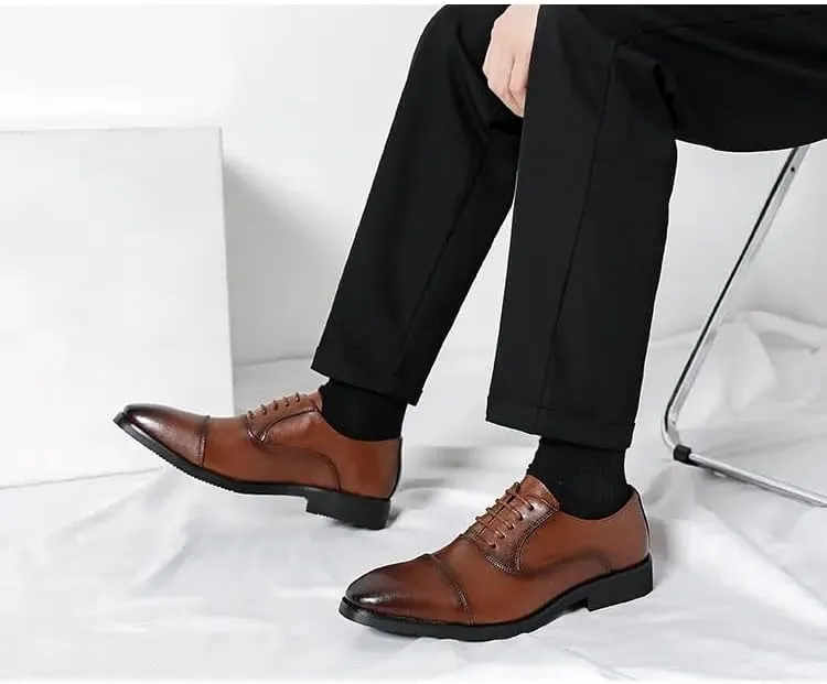 Formal Shoes for Men Lace Up Pointed Burnished Toe Vegan Leather Cap Toe Oxford Shoes Rubber Sole Non Slip Anti-Slip Slip Resistant Business