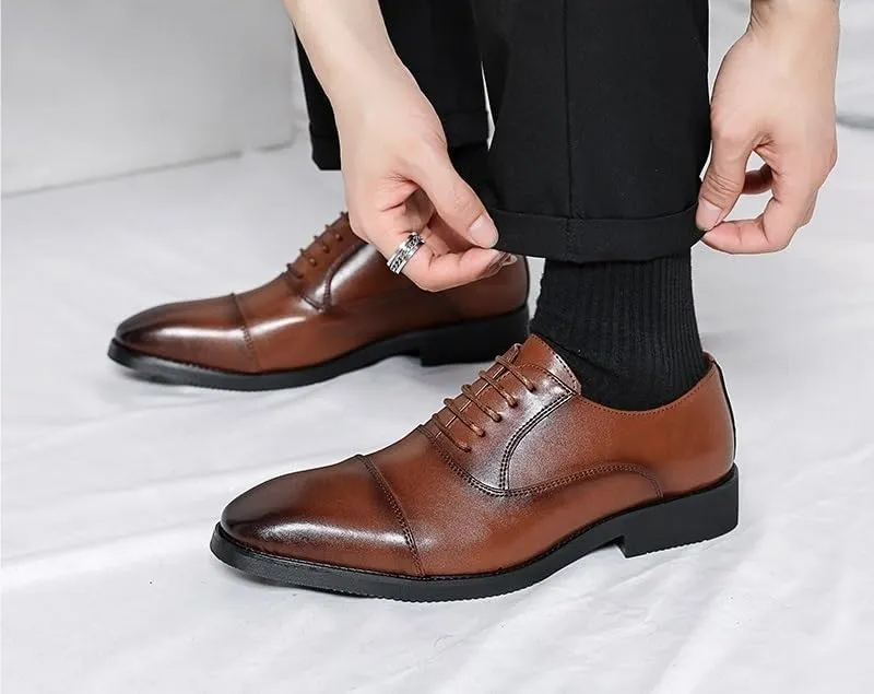 Formal Shoes for Men Lace Up Pointed Burnished Toe Vegan Leather Cap Toe Oxford Shoes Rubber Sole Non Slip Anti-Slip Slip Resistant Business