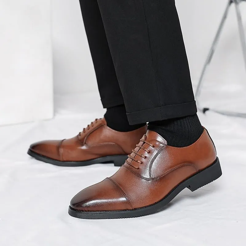 Formal Shoes for Men Lace Up Pointed Burnished Toe Vegan Leather Cap Toe Oxford Shoes Rubber Sole Non Slip Anti-Slip Slip Resistant Business