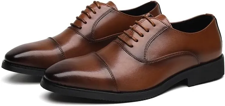 Formal Shoes for Men Lace Up Pointed Burnished Toe Vegan Leather Cap Toe Oxford Shoes Rubber Sole Non Slip Anti-Slip Slip Resistant Business