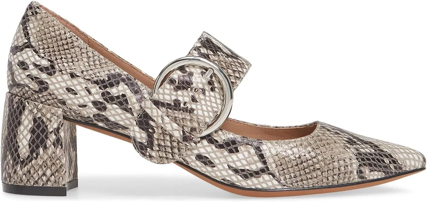 FOWT Women Embossed Snakeskin Pointed Toe Mid Chunky Heel Pumps Sexy Slip on Wide Mary-Jane Strap with Round Buckle Heels Business Office Party Unisex Shoes 4-16 US Size