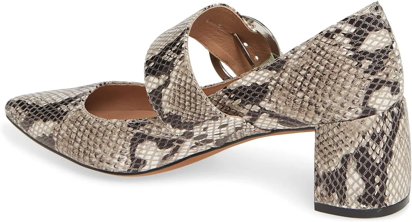 FOWT Women Embossed Snakeskin Pointed Toe Mid Chunky Heel Pumps Sexy Slip on Wide Mary-Jane Strap with Round Buckle Heels Business Office Party Unisex Shoes 4-16 US Size