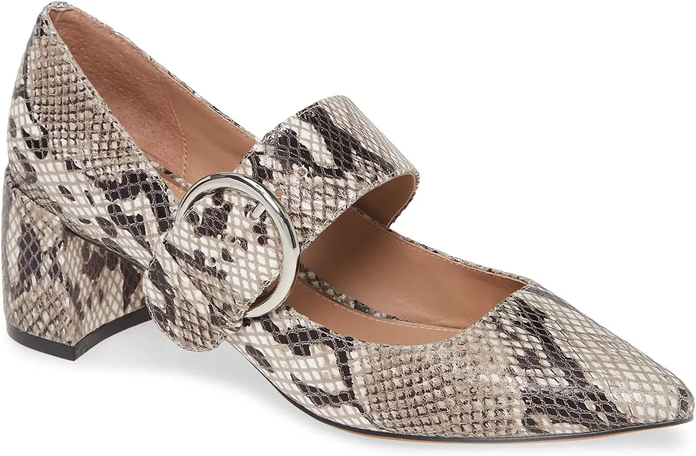 FOWT Women Embossed Snakeskin Pointed Toe Mid Chunky Heel Pumps Sexy Slip on Wide Mary-Jane Strap with Round Buckle Heels Business Office Party Unisex Shoes 4-16 US Size