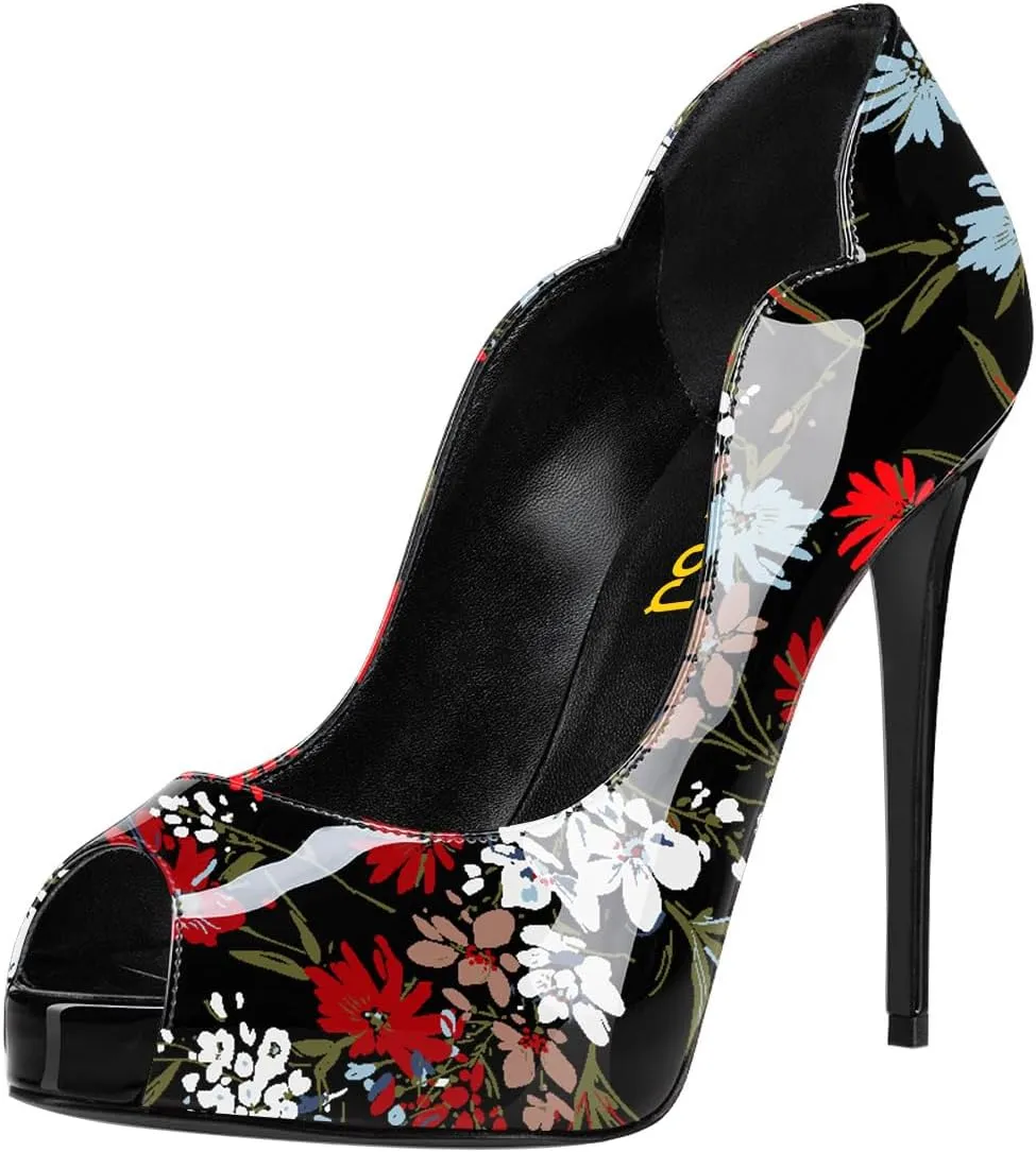 FSJ Women Classic Peep Toe Platform Pumps Sexy Stiletto High Heels Slip On Patent Leather Basic Pumps Wedding Party Dress Shoes Size 4-16 US