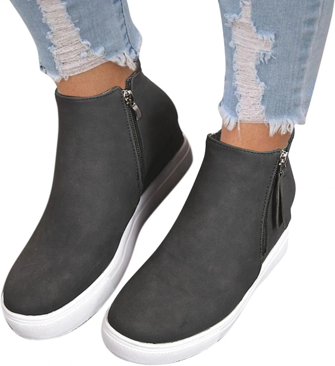 Hbeylia Wedge Platform Boots For Women Fashion Casual Leather Round Toe Chunky Bottom High Heels Ankle Booties With Side Zipper High Top Fashion Sneakers Dress Short Boots For Christmas Decoration