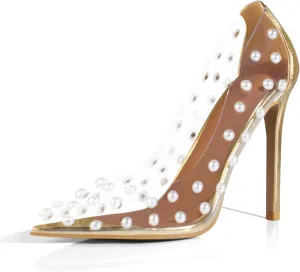 iadore Women's Pumps,11cm Pointed Toe Women High Heel Shoes Fashion Pearl Studded PVC Clear Heels Party Dress Pump Shoes