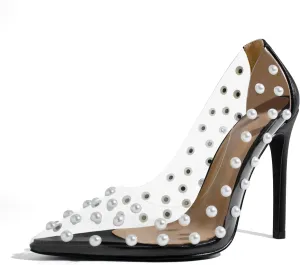 iadore Women's Pumps,11cm Pointed Toe Women High Heel Shoes Fashion Pearl Studded PVC Clear Heels Party Dress Pump Shoes