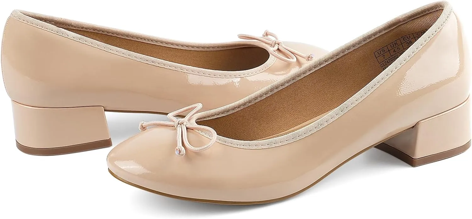 JENN ARDOR Chunky Block Low Heels Bow Round Closed Toe Comfort Work Casual Slip-On Bridal Wedding Guest Dress Cute Ballet Pumps Shoes for Women