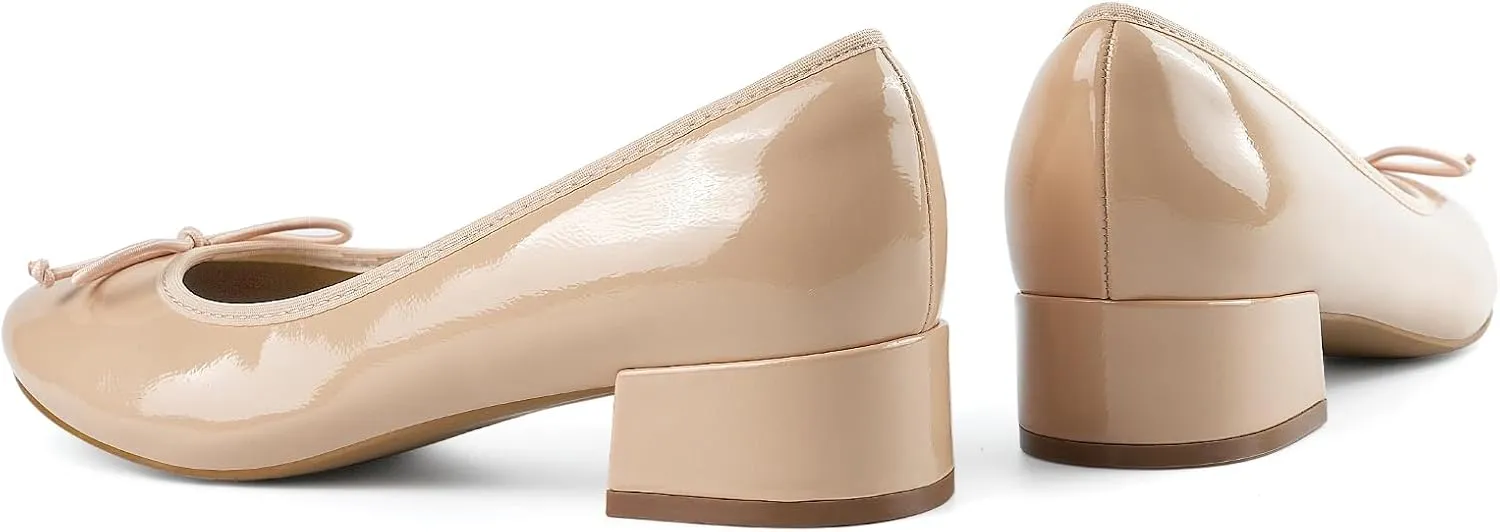 JENN ARDOR Chunky Block Low Heels Bow Round Closed Toe Comfort Work Casual Slip-On Bridal Wedding Guest Dress Cute Ballet Pumps Shoes for Women