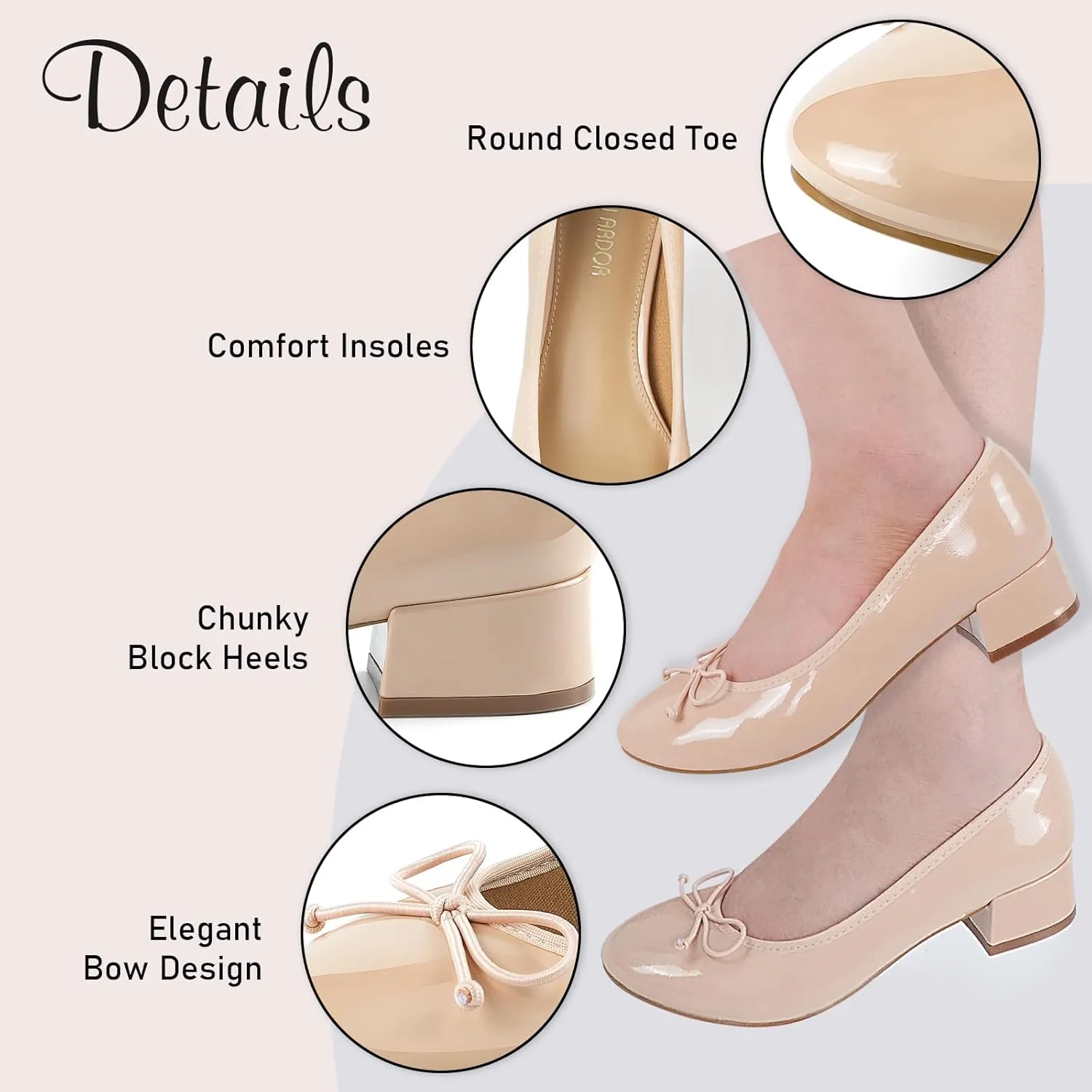 JENN ARDOR Chunky Block Low Heels Bow Round Closed Toe Comfort Work Casual Slip-On Bridal Wedding Guest Dress Cute Ballet Pumps Shoes for Women