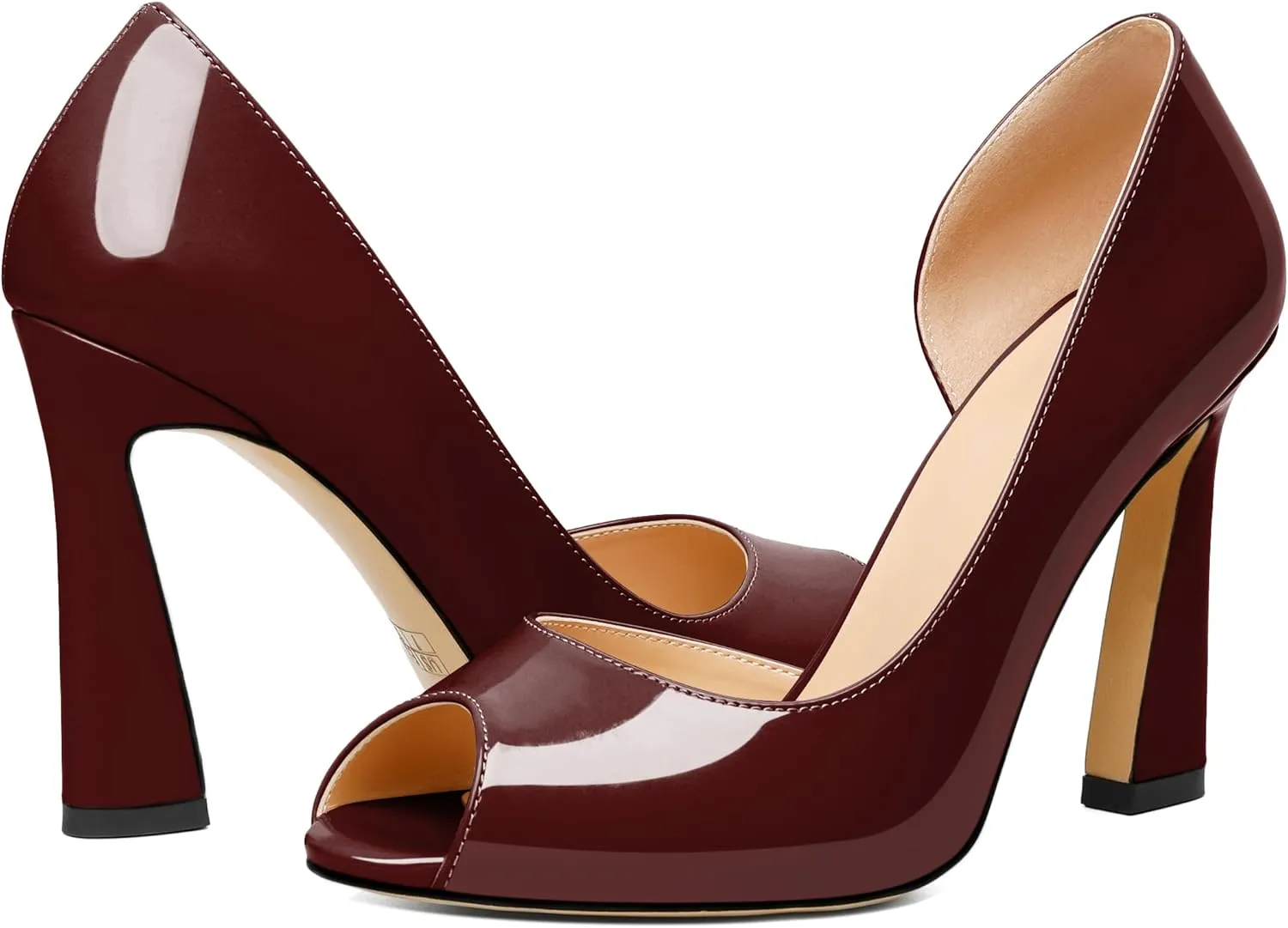 Joseywade Peep Toe High Heels for Women Stiletto Heel Pumps Slip-On Open Toe 4 Inch Flare Heel Dress Shoes